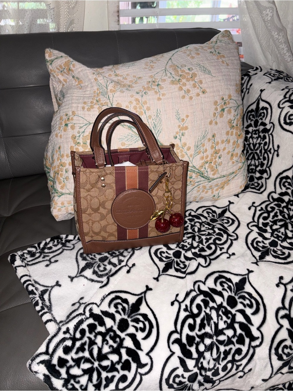 Coach Brown Signature Mini Tote with Red Cherry Charm